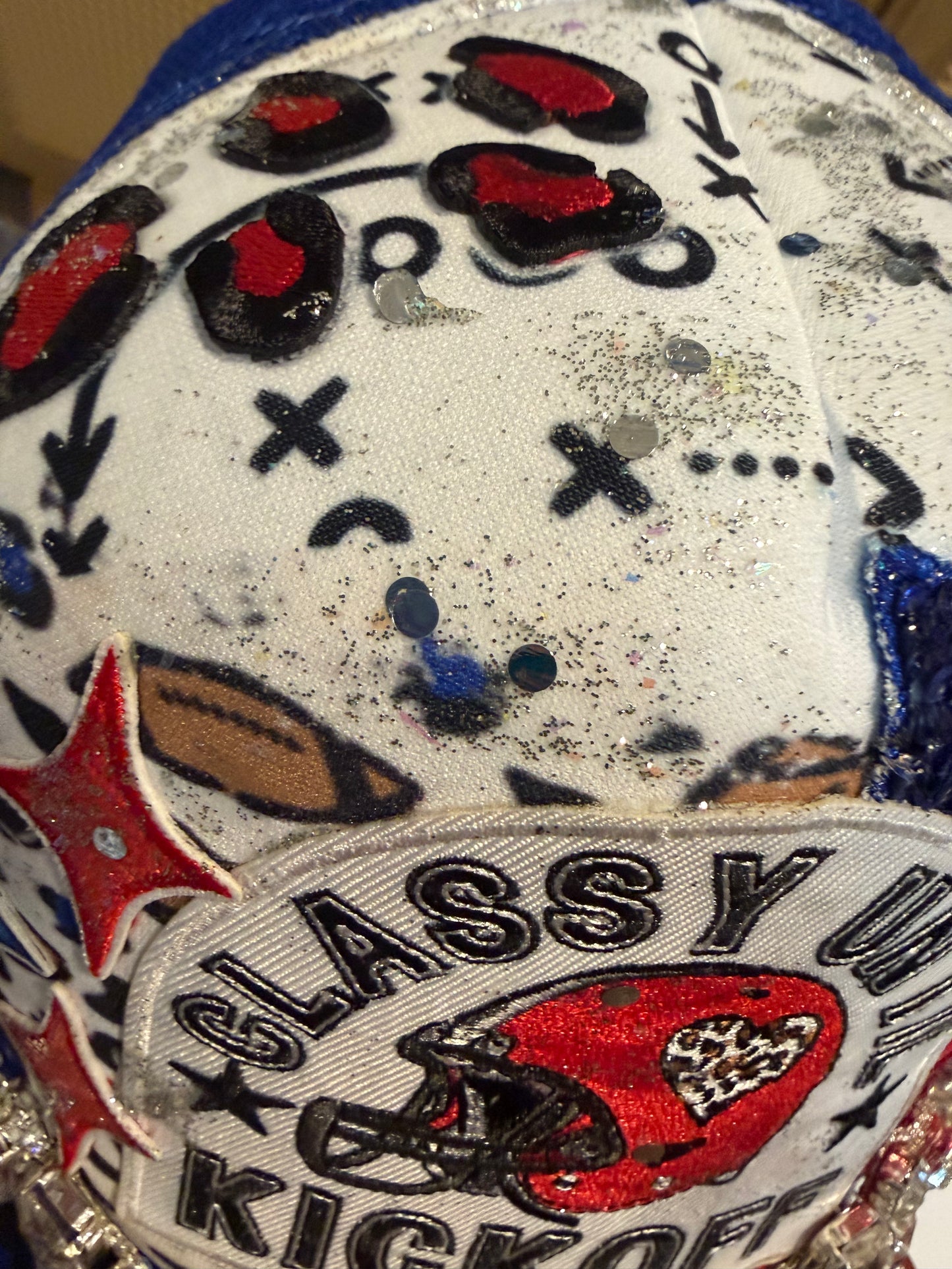 Blue Coconut red white and blue with silver bling football Trucker Hat