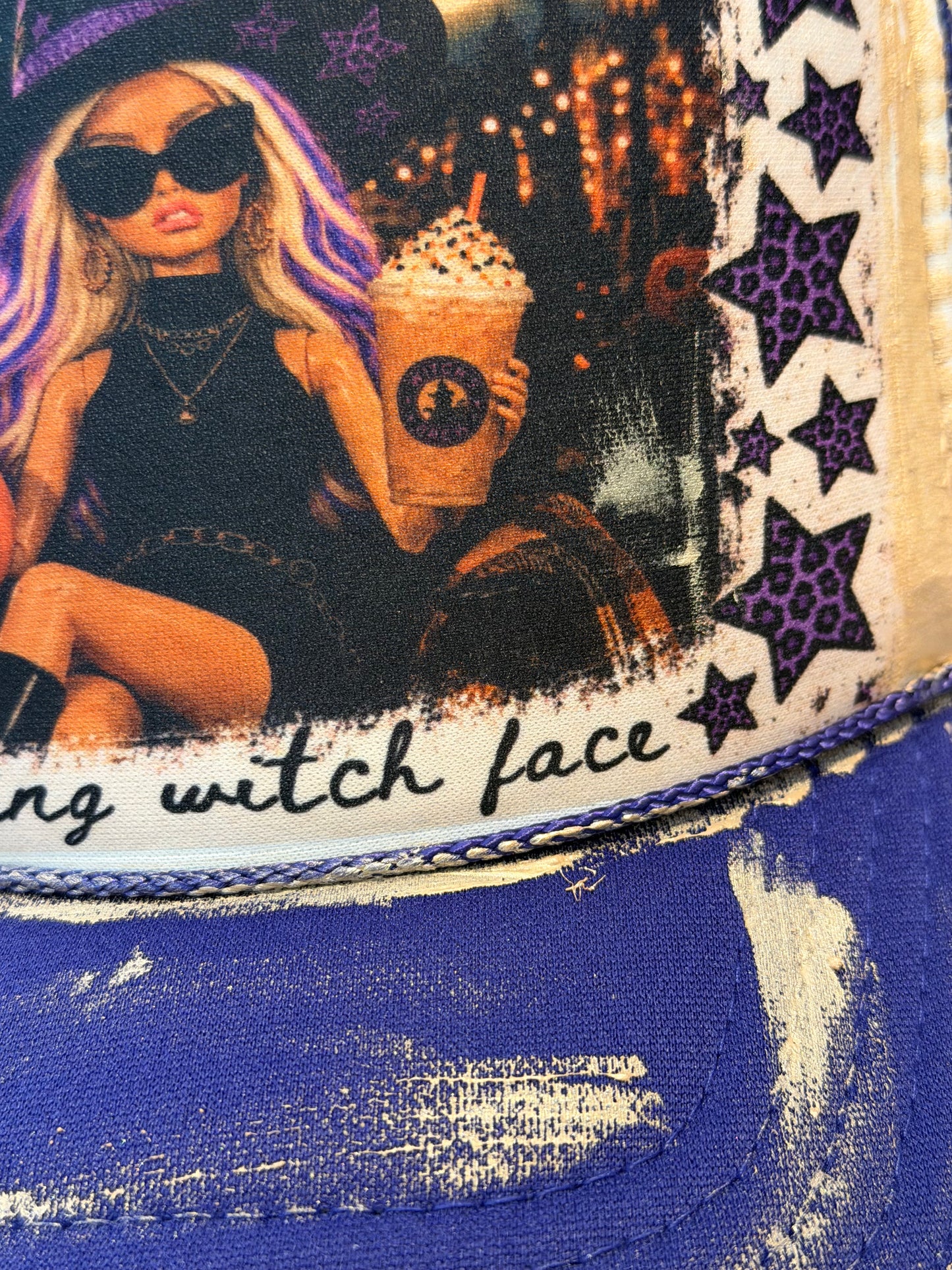 Blu Coconut purple and white resting witch face Trucker Hat