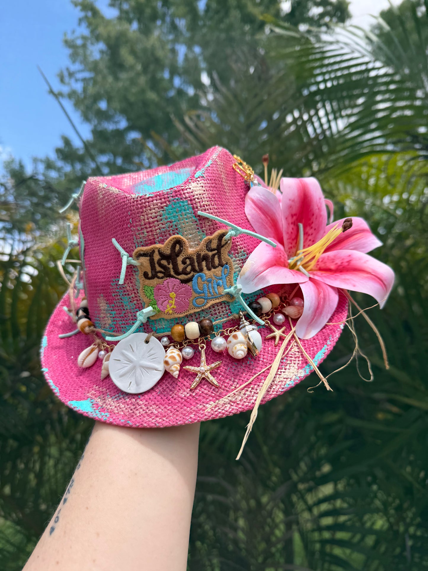 Blu coconut Island Girl Tricolor Painted Straw Fedora 🌺🌊