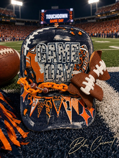 Blue Coconut navy and orange bow football Trucker Hat 🧡💙