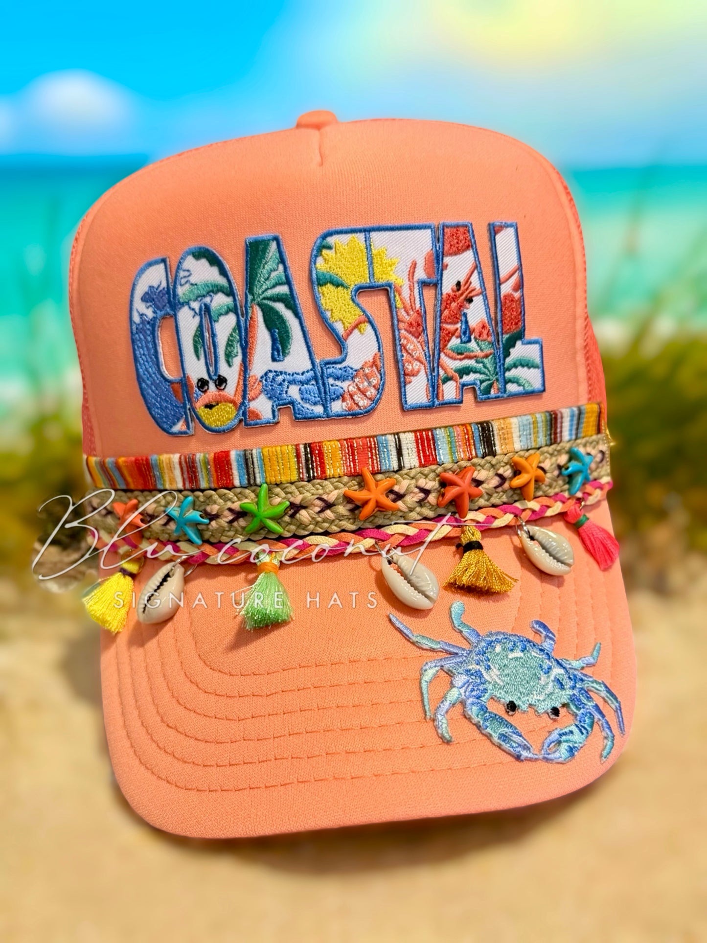 Blu Coconut Coral Coastal Trucker 🦀🌴🐚