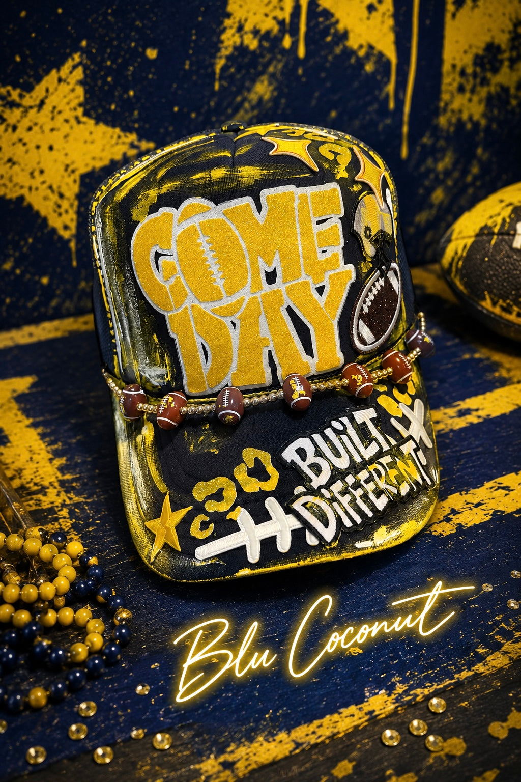 Blu coconut navy and yellow football Trucker hat