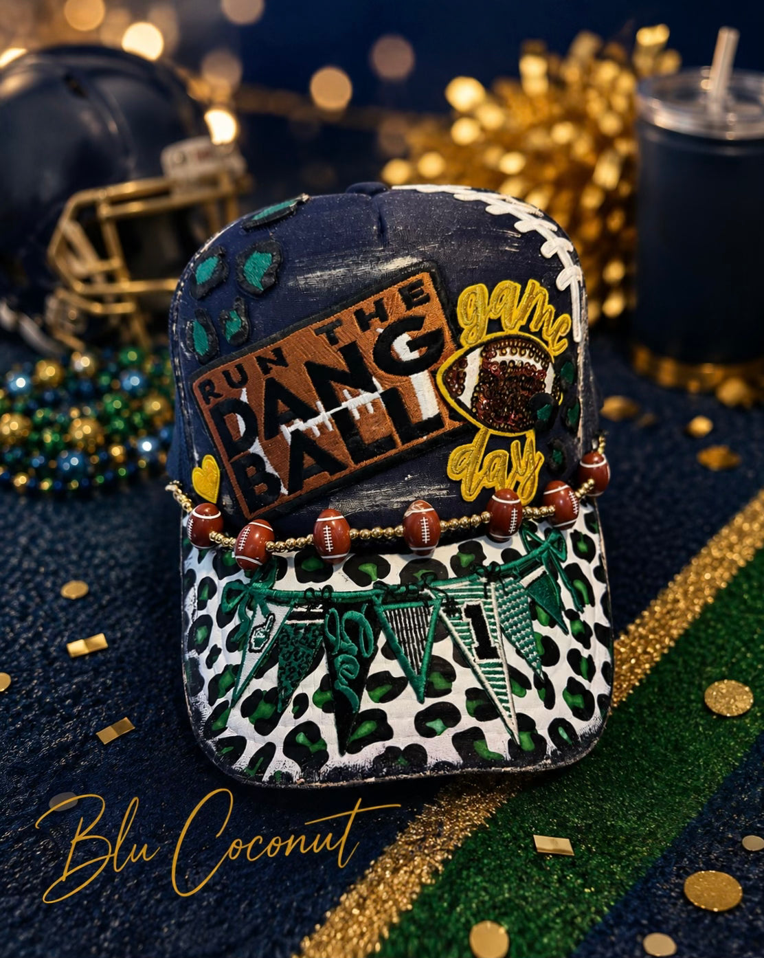 Blu Coconut Navy with gold and Green Football Trucker Hat. 💚💙🏈