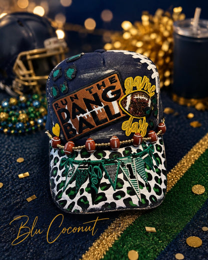 Blu Coconut Navy with gold and Green Football Trucker Hat. 💚💙🏈