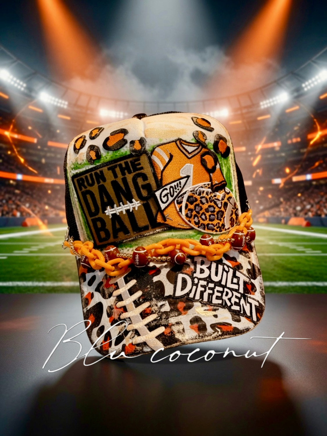 Blu Coconut black white and orange football trucker hat.