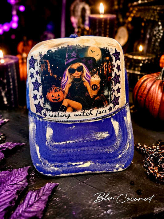 Blu Coconut purple and white resting witch face Trucker Hat