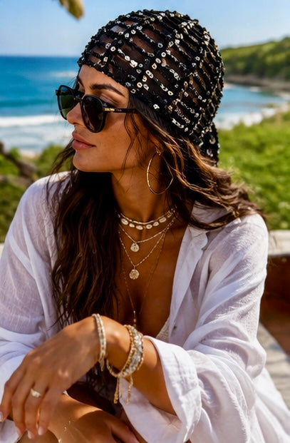 Black Coastal Crochet Cap