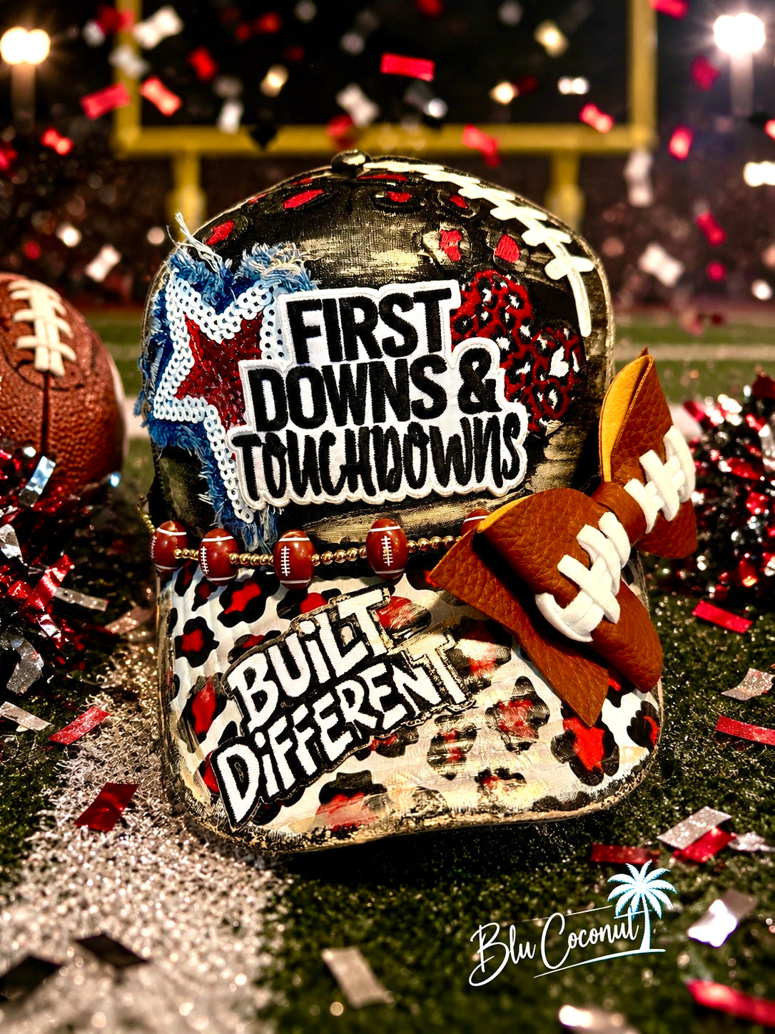 Blu Coconut Red & Black Football Trucker Hat With Bow
