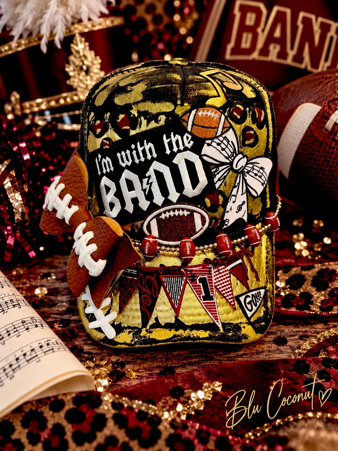Blu Coconut Black Gold and Burgundy Football & Band Trucker Hat