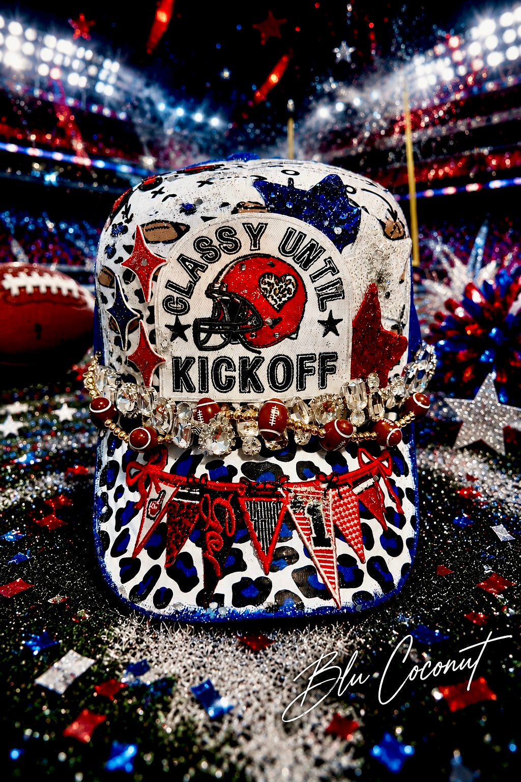 Blue Coconut red white and blue with silver bling football Trucker Hat