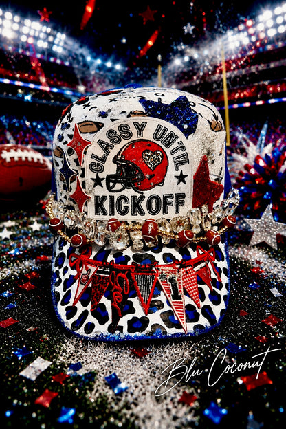 Blue Coconut red white and blue with silver bling football Trucker Hat
