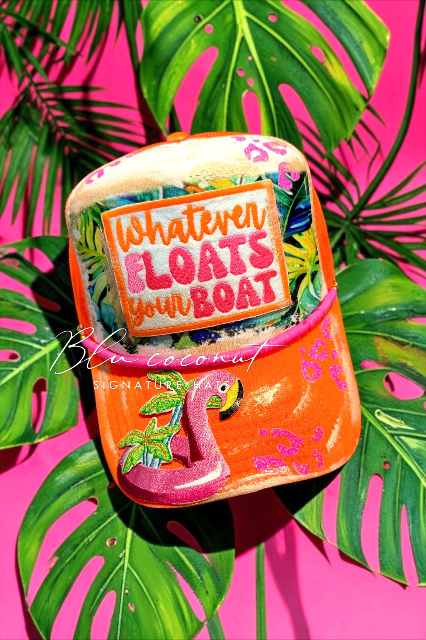 Blu Coconut Whatever Floats Your Boat” Flamingo Trucker Hat! 🦩