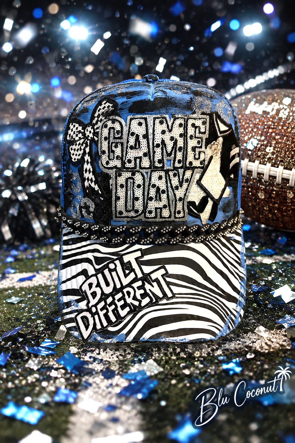 Blu Coconut Blue with black and white Football Trucker Hat