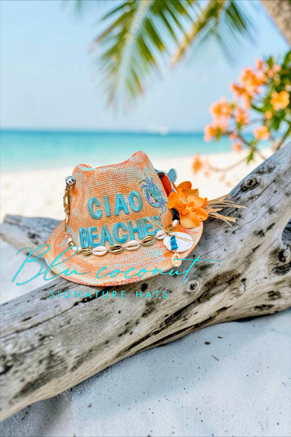 🌊🧡 Blu Coconut Ciao Beaches! Hand-Painted Straw Fedora