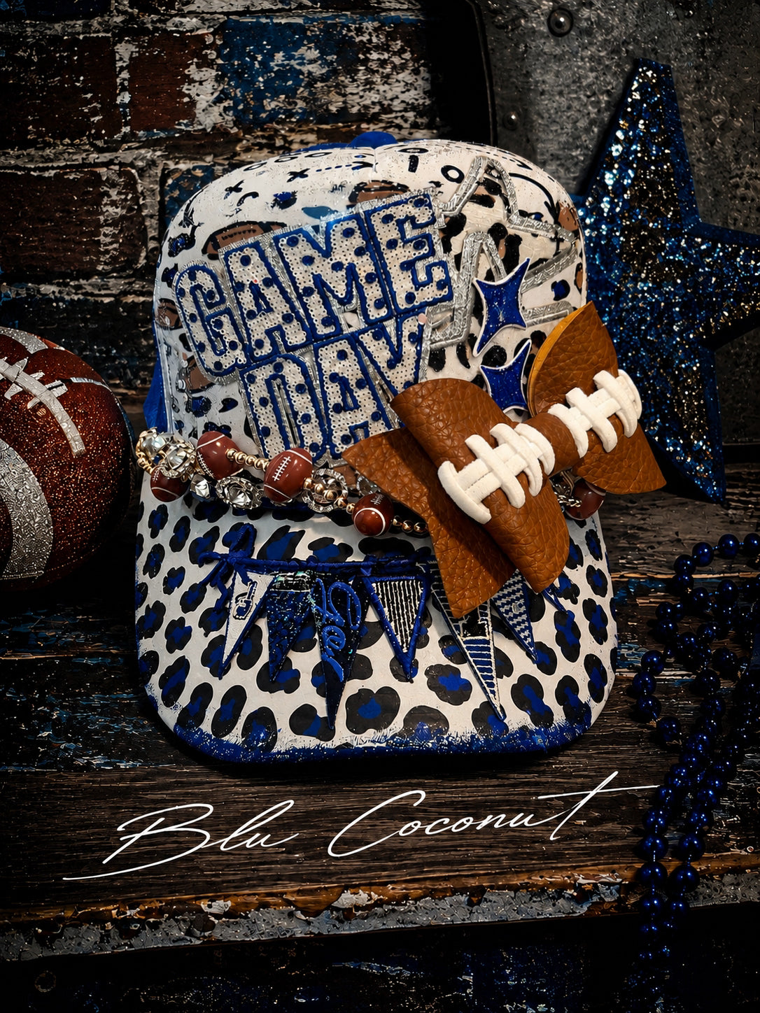 Blue Coconut Blue and White Football Trucker Hat.