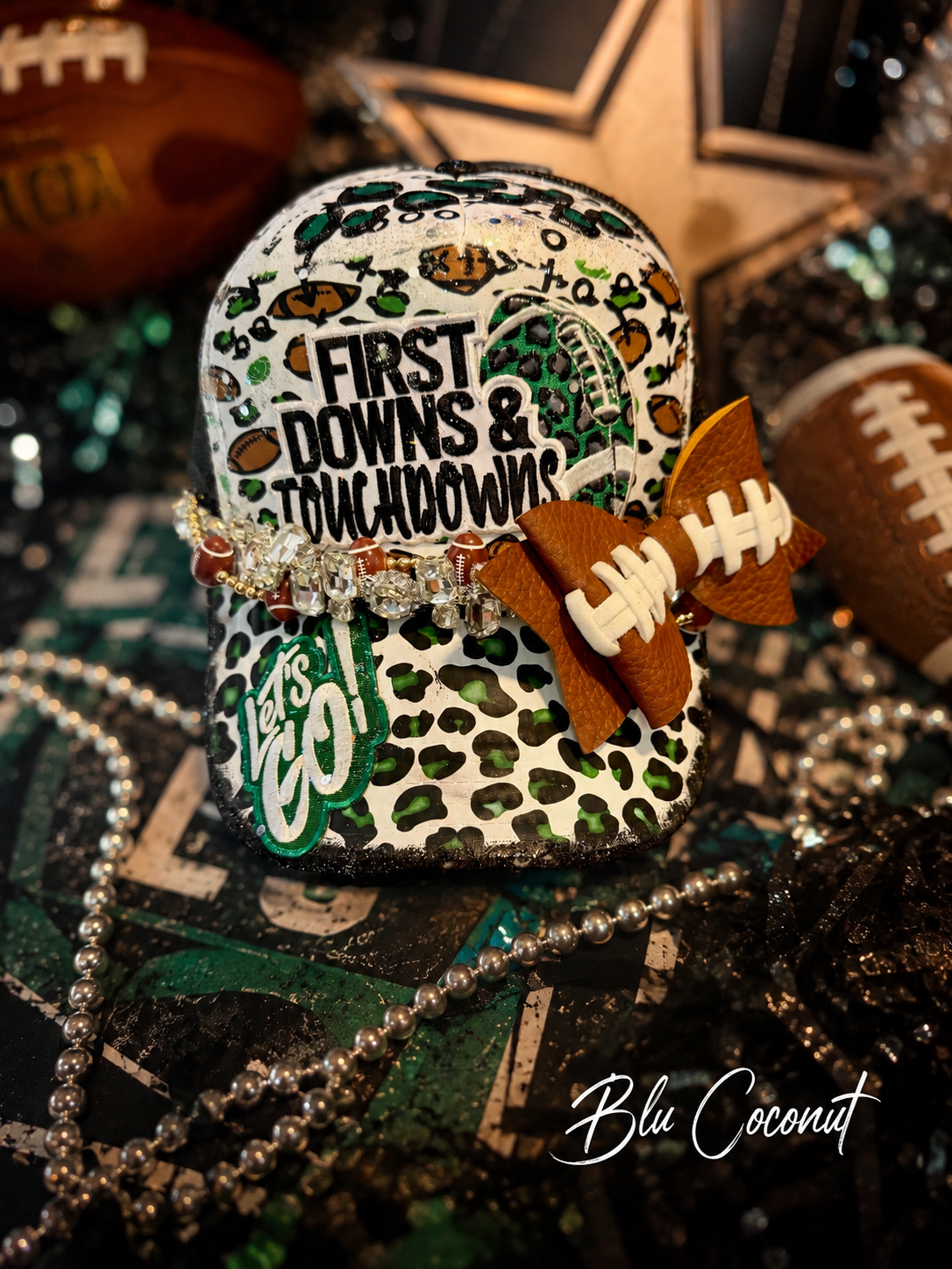 Blue Coconut Black white and green Football Trucker Hat