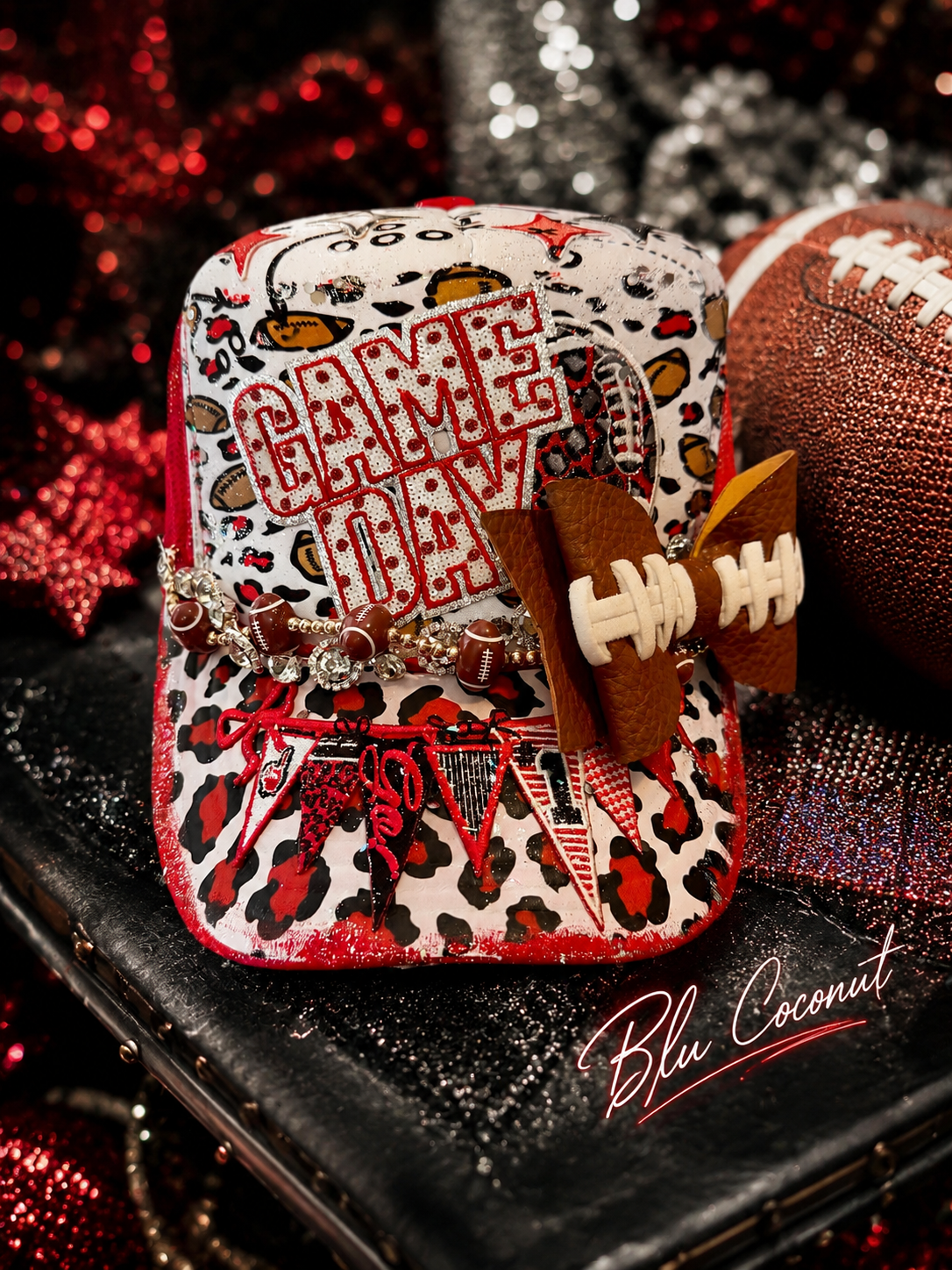Blue Coconut White, Red and Black Football Trucker Hat.