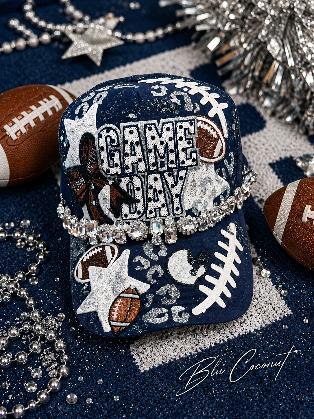 Blue Coconut navy, white and silver football Trucker Hat