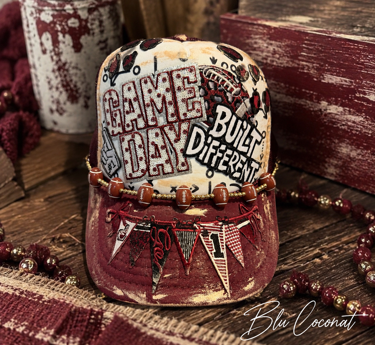 Blu coconut burgundy and white football Trucker hat