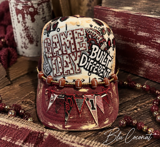 Blu coconut burgundy and white football Trucker hat