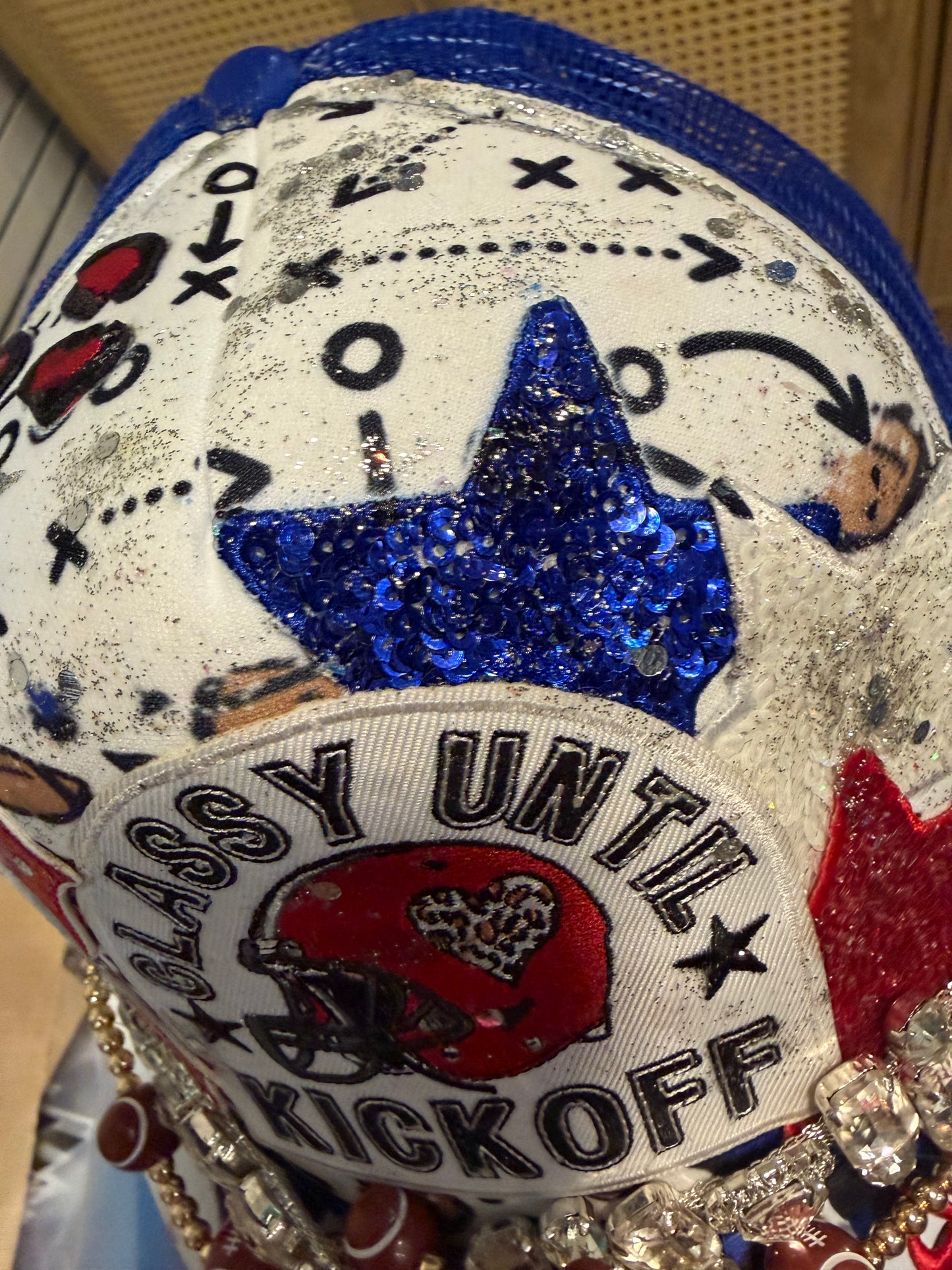 Blue Coconut red white and blue with silver bling football Trucker Hat