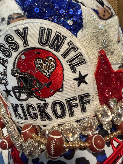 Blue Coconut red white and blue with silver bling football Trucker Hat