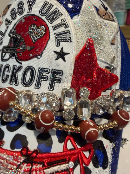 Blue Coconut red white and blue with silver bling football Trucker Hat