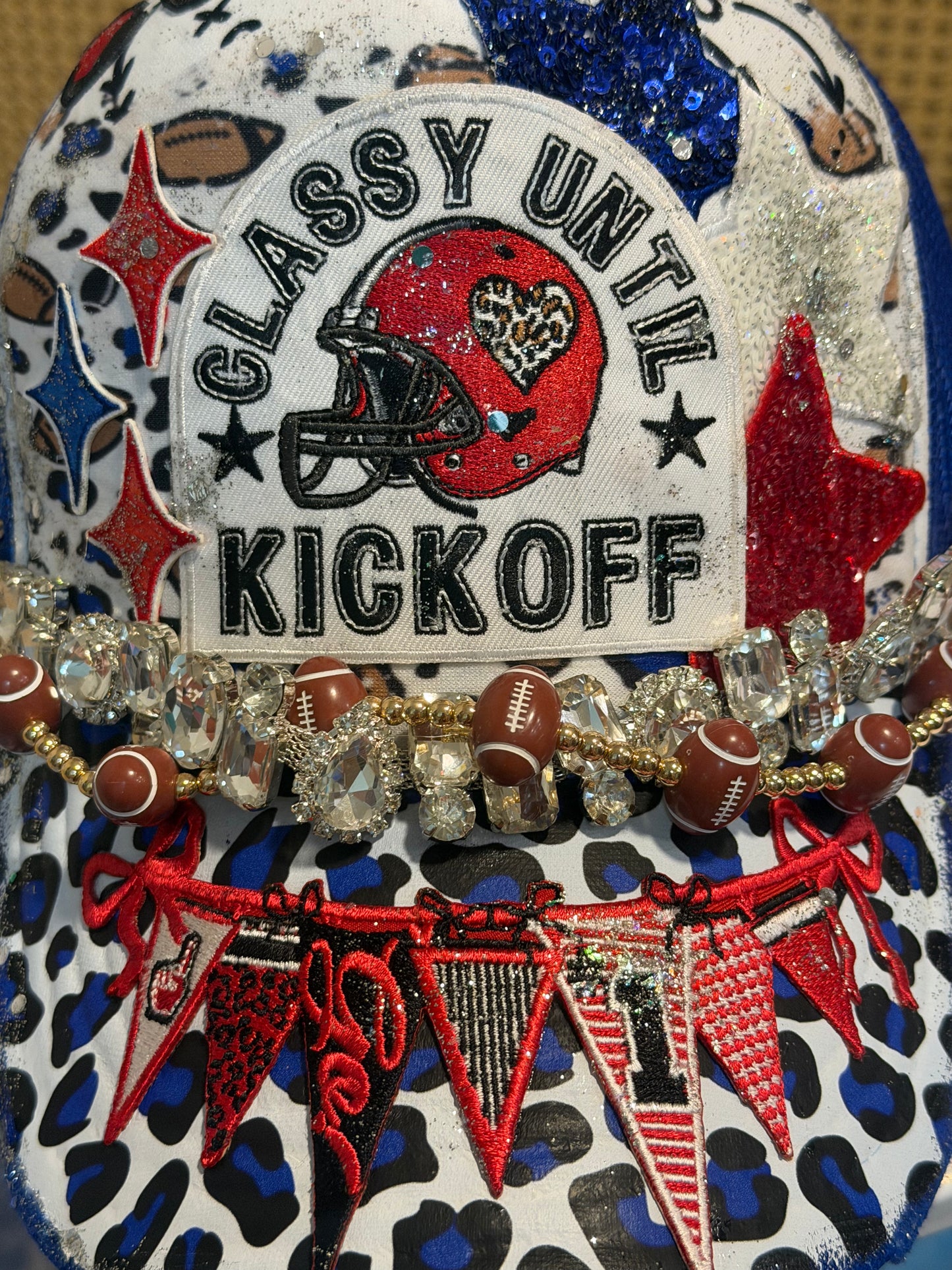 Blue Coconut red white and blue with silver bling football Trucker Hat