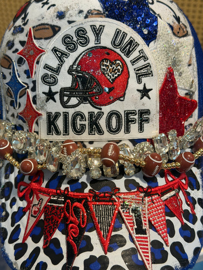 Blue Coconut red white and blue with silver bling football Trucker Hat