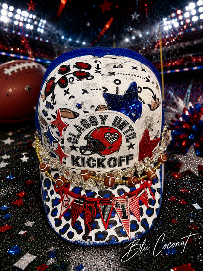 Blue Coconut red white and blue with silver bling football Trucker Hat