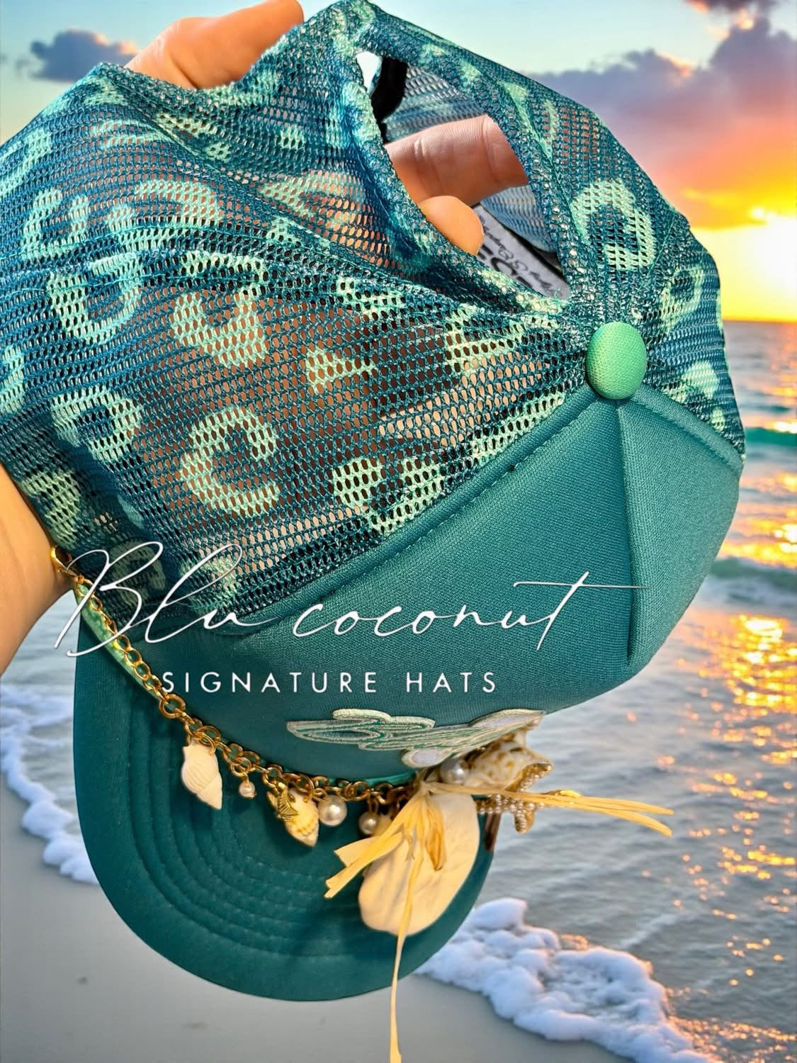 Blu Coconut Signature Teal Leopard Printed Mesh Back Magna Pony® Trucker
