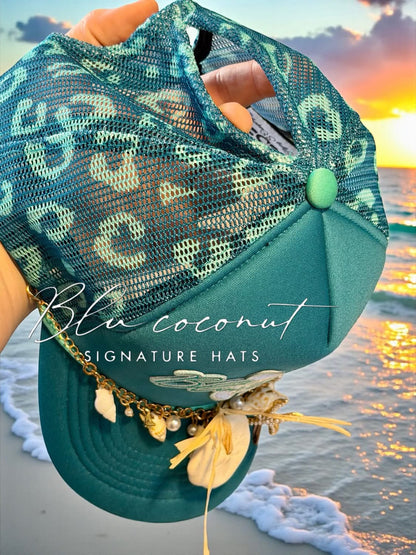 Blu Coconut Signature Teal Leopard Printed Mesh Back Magna Pony® Trucker