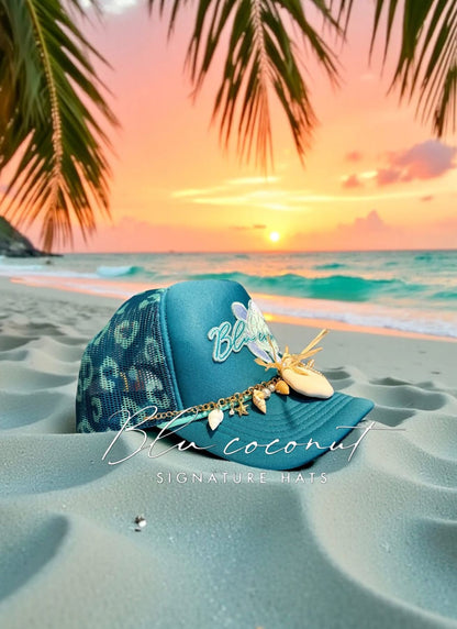 Blu Coconut Signature Teal Leopard Printed Mesh Back Magna Pony® Trucker