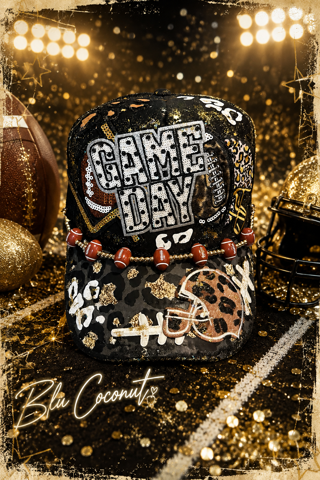 Blu Coconut black, gold and silver Game Day leopard print football trucker hat.