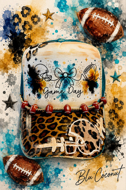 Blu Coconut Teal Leopard football Trucker
