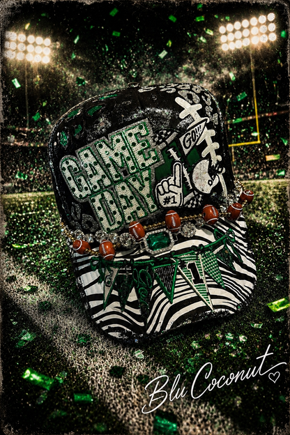 Blu Coconut Black and Green Football Trucker Hat. 💚🖤🏈