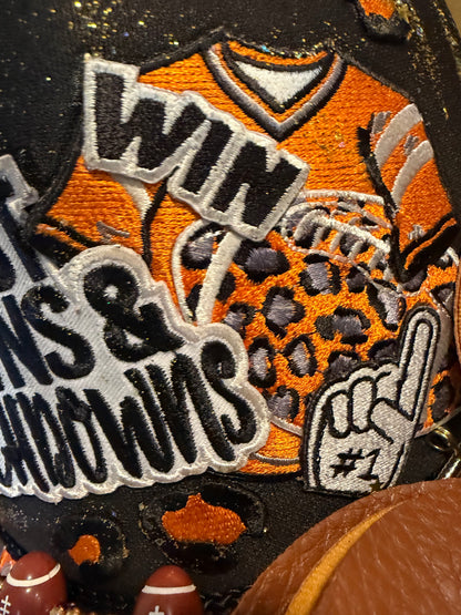 Blue Coconut black and orange bow football Trucker Hat 🧡 🖤🏈