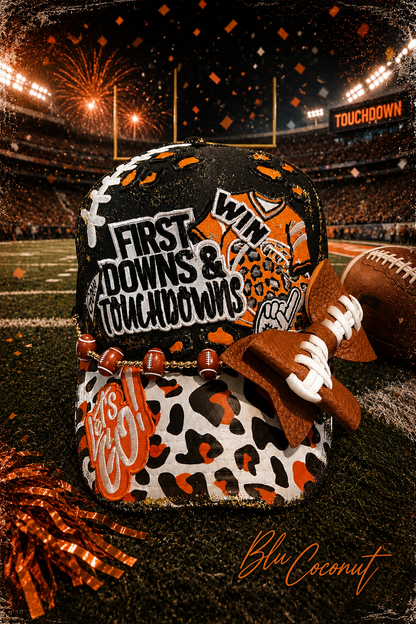 Blue Coconut black and orange bow football Trucker Hat 🧡 🖤🏈