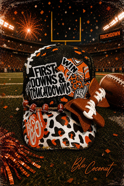 Blue Coconut black and orange bow football Trucker Hat 🧡 🖤🏈