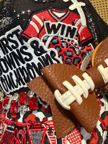 Blue Coconut black and red bow football Trucker Hat ❤️🖤🏈