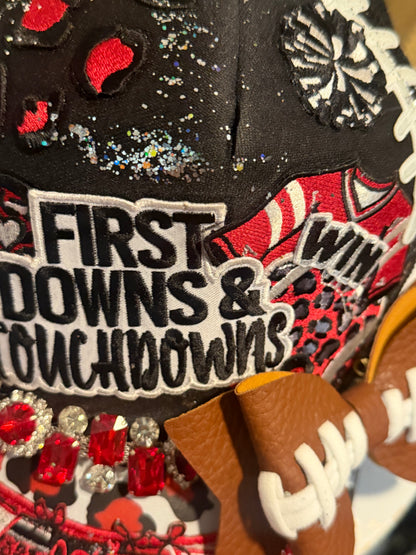 Blue Coconut black and red bow football Trucker Hat ❤️🖤🏈