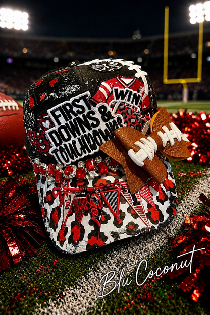 Blue Coconut black and red bow football Trucker Hat ❤️🖤🏈