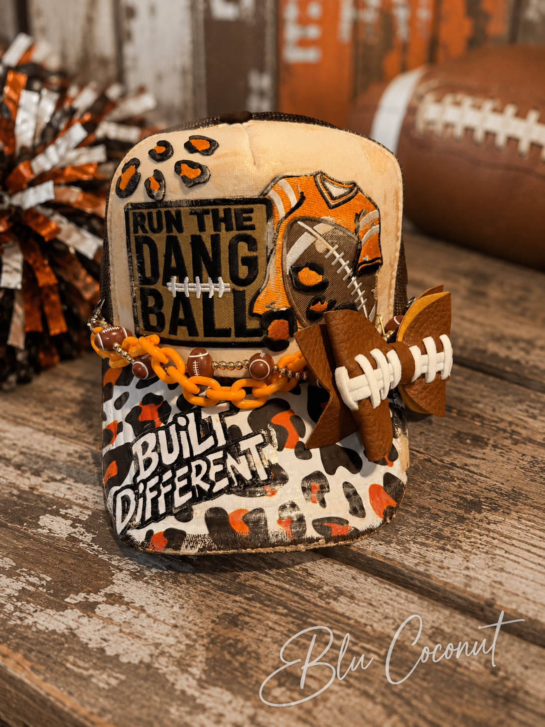 Blue Coconut brown and orange bow football Trucker Hat 🧡🤎🏈