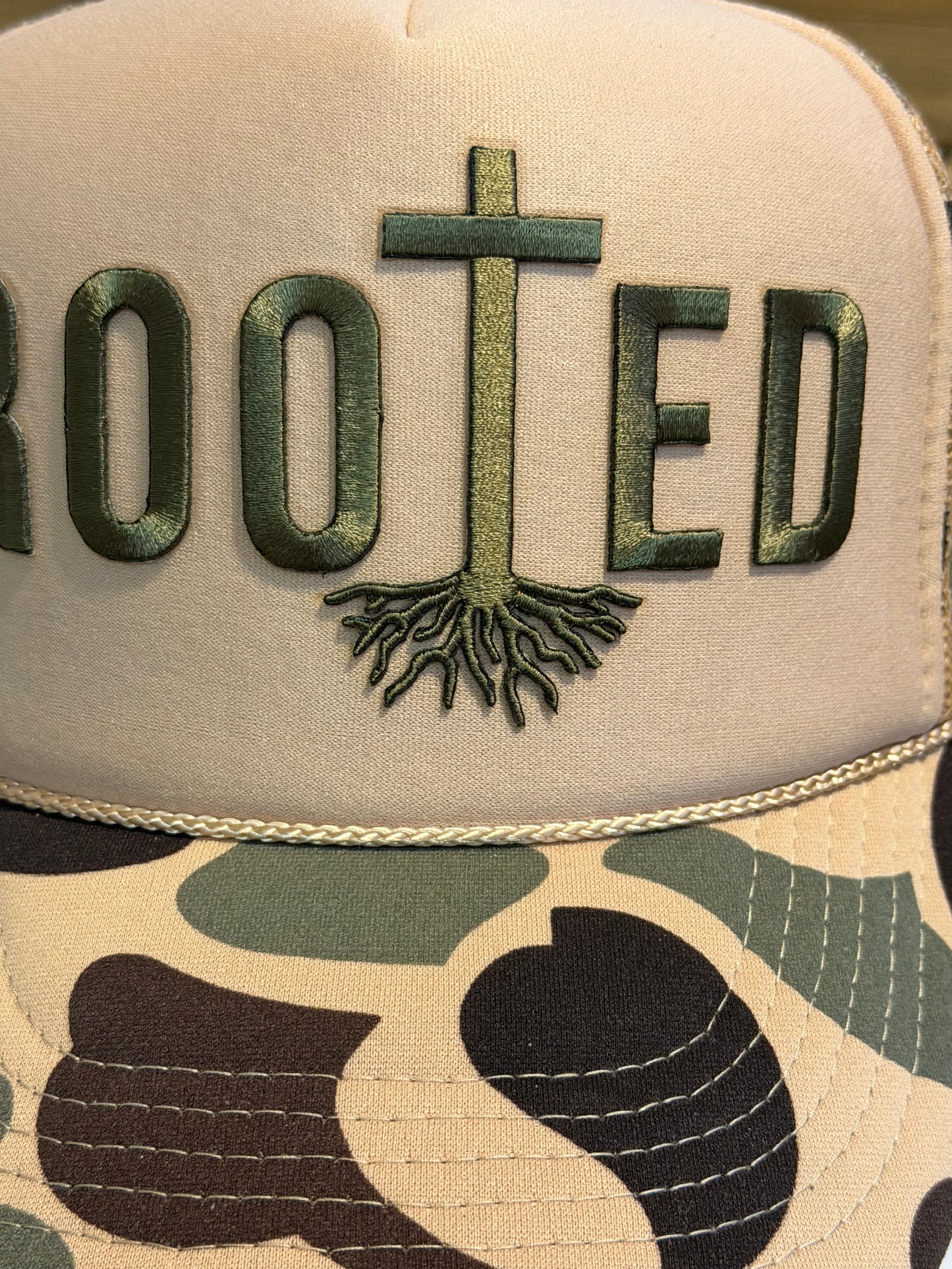 Blu Coconut tan camo ROOTED Trucker 🌿✝️