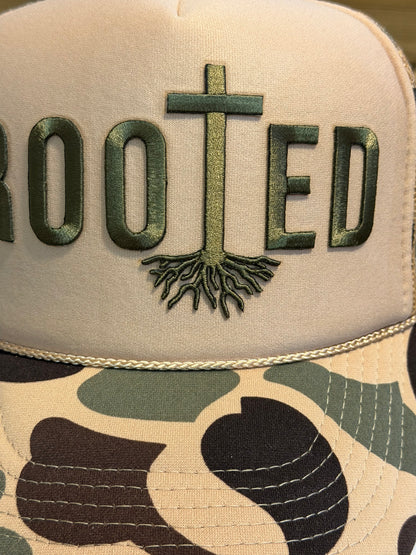 Blu Coconut tan camo ROOTED Trucker 🌿✝️