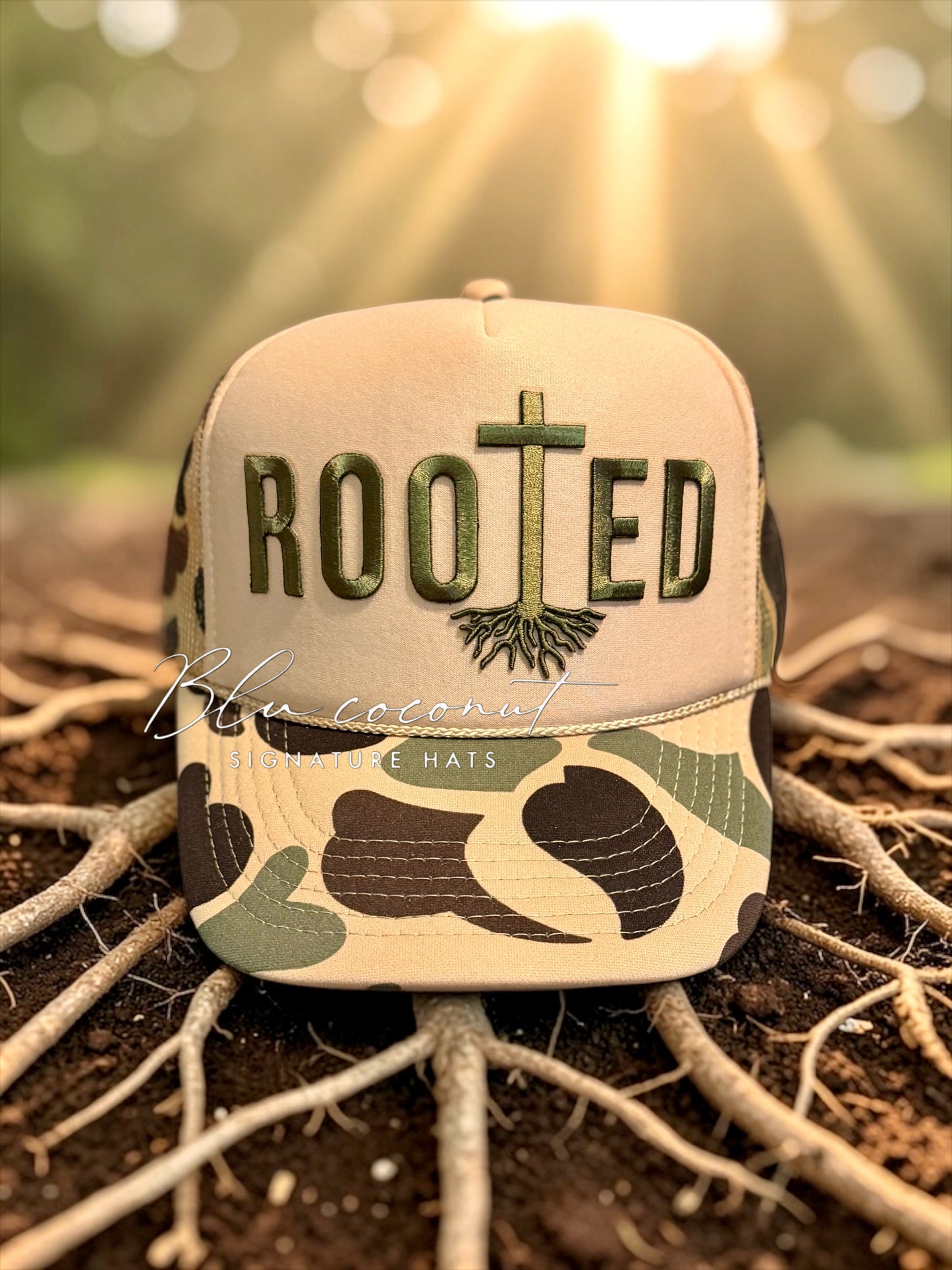 Blu Coconut tan camo ROOTED Trucker 🌿✝️