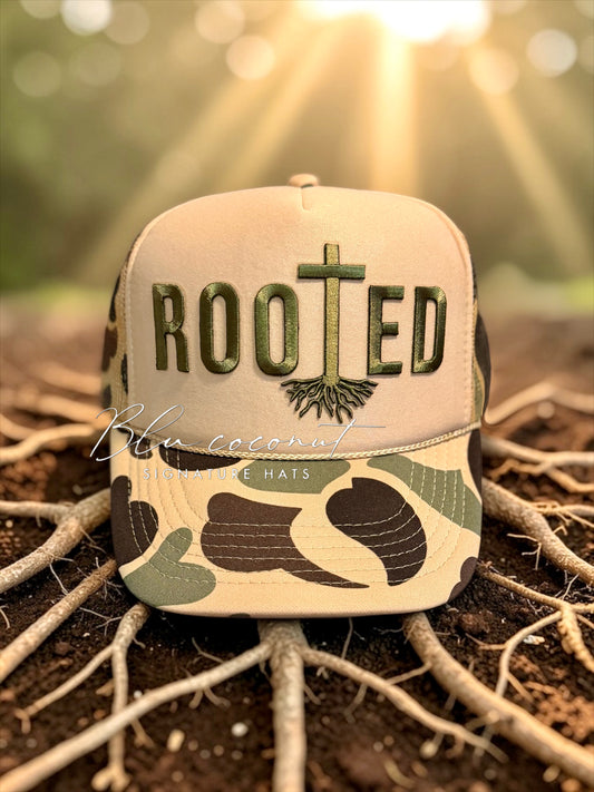 Blu Coconut tan camo ROOTED Trucker 🌿✝️