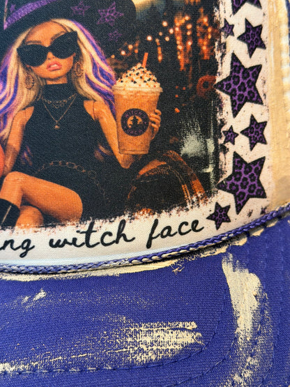 Blu Coconut purple and white resting witch face Trucker Hat