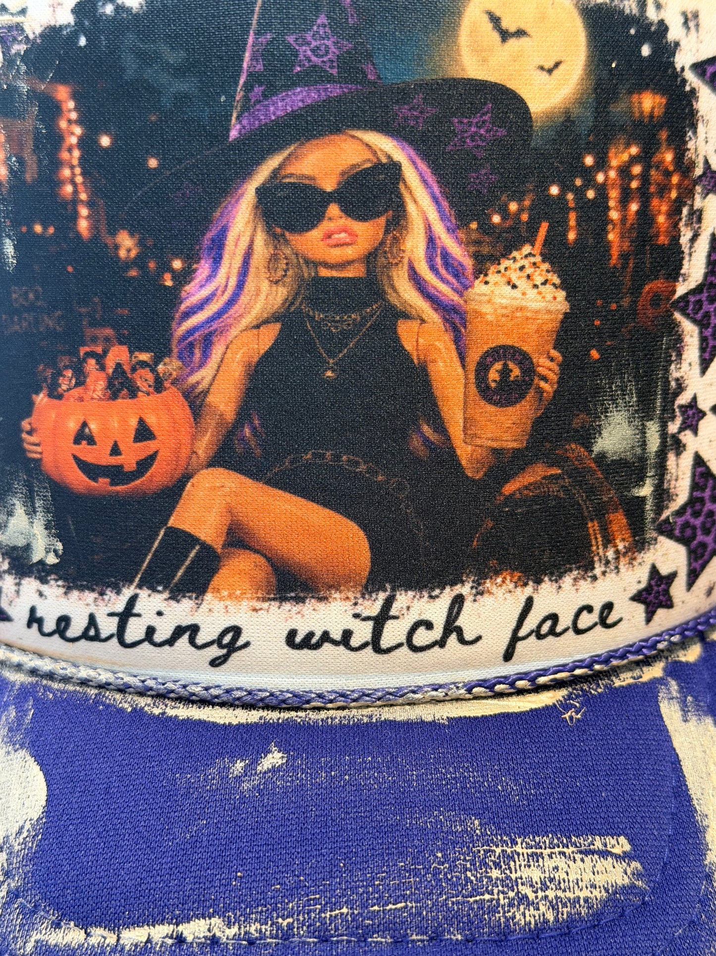 Blu Coconut purple and white resting witch face Trucker Hat