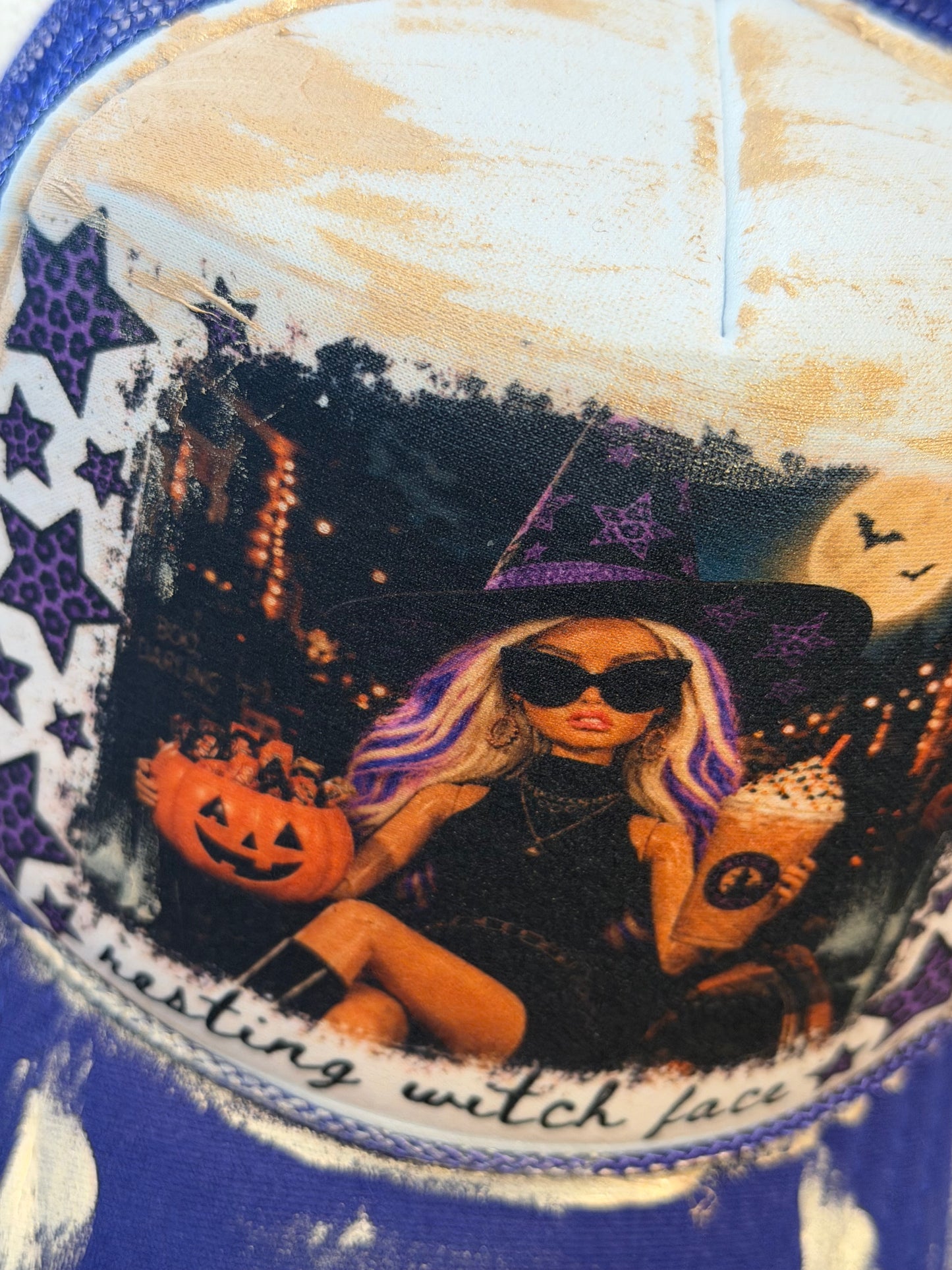 Blu Coconut purple and white resting witch face Trucker Hat